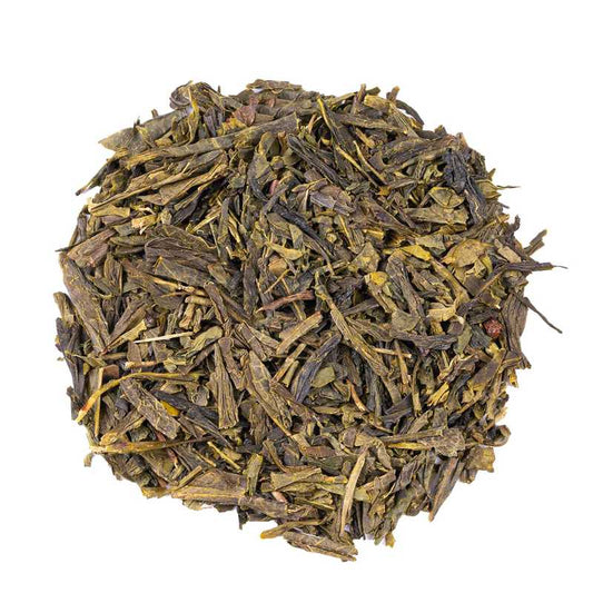 China Sencha luomu vihreä tee. Kuvassa China Sencha luomu vihreän teen lehtiä.