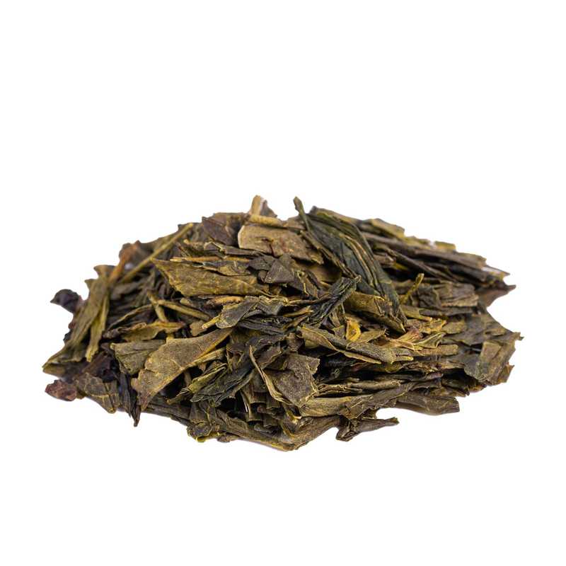 China Sencha luomu vihreä tee. Kuvassa China Sencha luomu vihreän teen lehtiä.