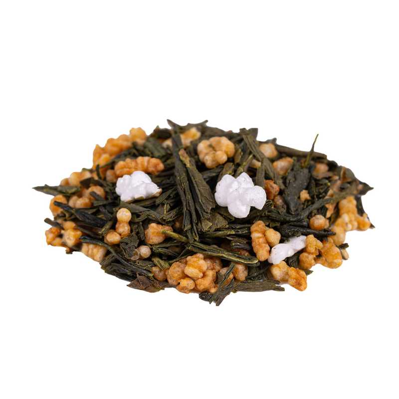 Japan Genmaicha Yukihime luomu vihreä tee. Kuvassa Japan Genmaicha Yukihime luomu vihreän teen lehtiä sekä paisutettua riisiä.