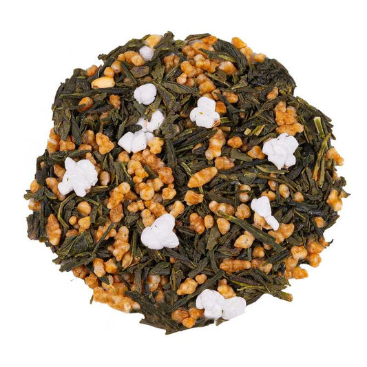 Japan Genmaicha Yukihime luomu vihreä tee. Kuvassa Japan Genmaicha Yukihime luomu vihreän teen lehtiä sekä paisutettua riisiä.