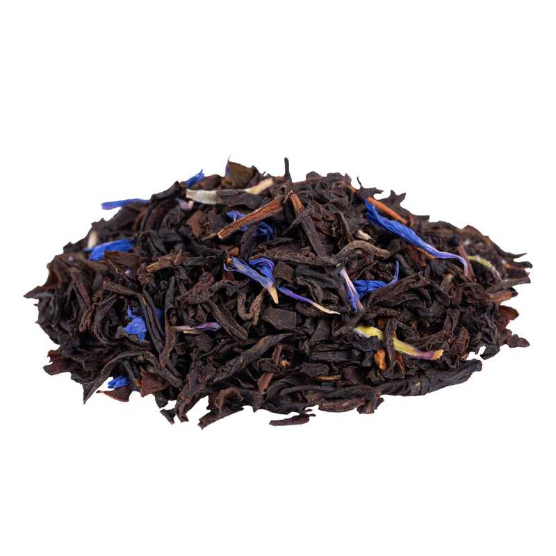 Blue Earl Grey luomu musta tee maustettu. Kuvassa Blue Earl Grey luomu mustan teen teelehtiä sekä ruiskaunokkeja.
