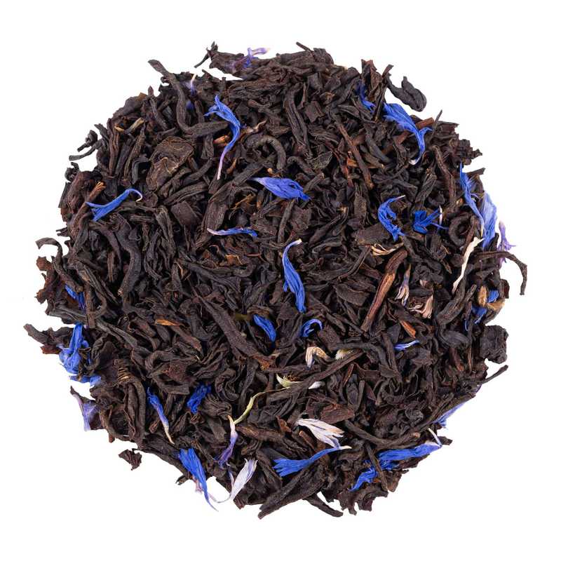 Blue Earl Grey luomu musta tee maustettu. Kuvassa Blue Earl Grey luomu mustan teen teelehtiä sekä ruiskaunokkeja.