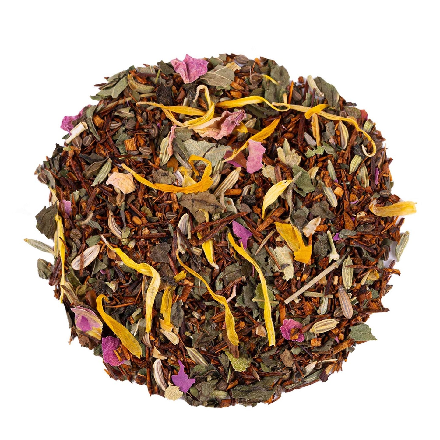Kesätuulen kuiskaus luomu rooibos – piparmintulla, fenkolilla, aniksella ja eri kukilla maustettu luomu rooibos.