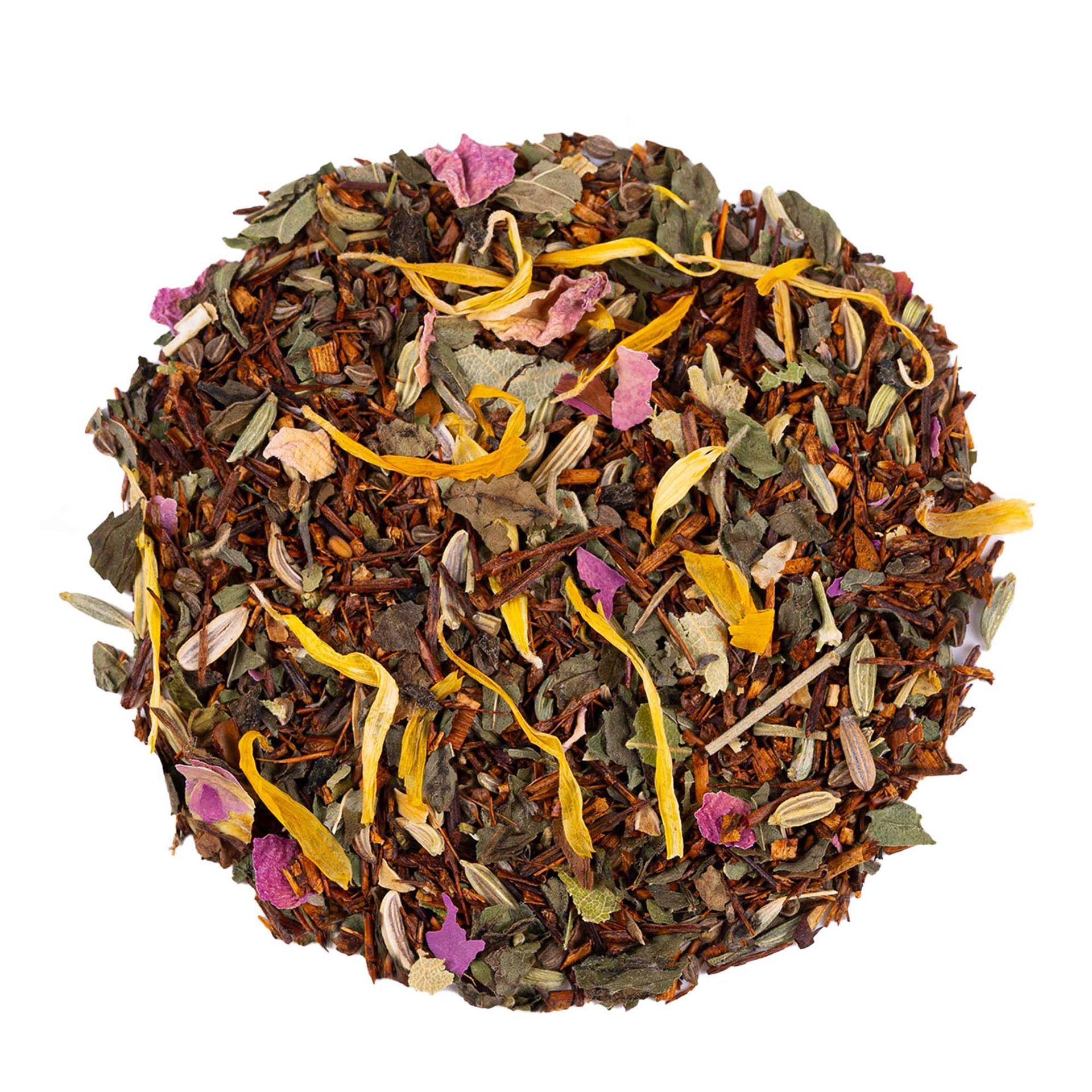 Kesätuulen kuiskaus luomu rooibos – piparmintulla, fenkolilla, aniksella ja eri kukilla maustettu luomu rooibos.